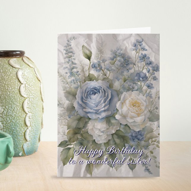 Charming Timeless Blue and White Roses Birthday  Card (Creator Uploaded)
