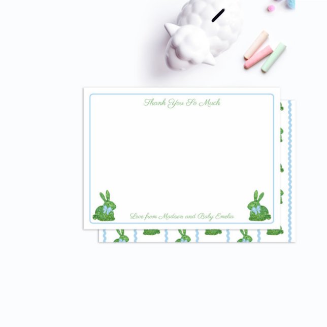 Charming Topiary Rabbit Blue Bow Boy Baby Shower Thank You Card (Creator Uploaded)