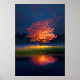 Charming Tree Illuminated in Red Poster
