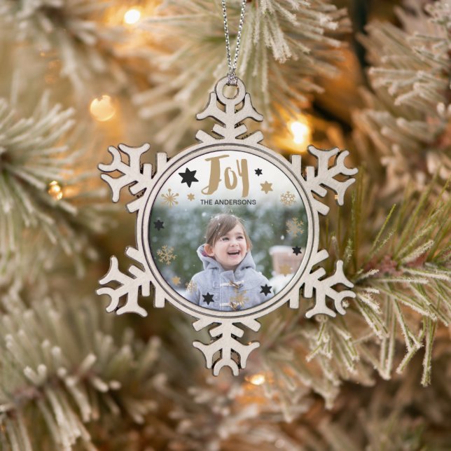 Charming Trendy Joy Holiday Photo Snowflake Pewter Christmas Ornament (Tree)