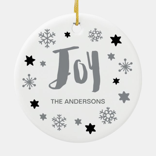Charming Trendy Joy Silver Grey Holiday Ceramic Ornament (Back)