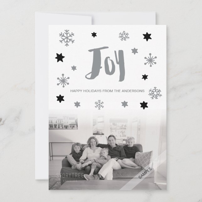 Charming Trendy Joy Silver Holiday Photo Card (Front)