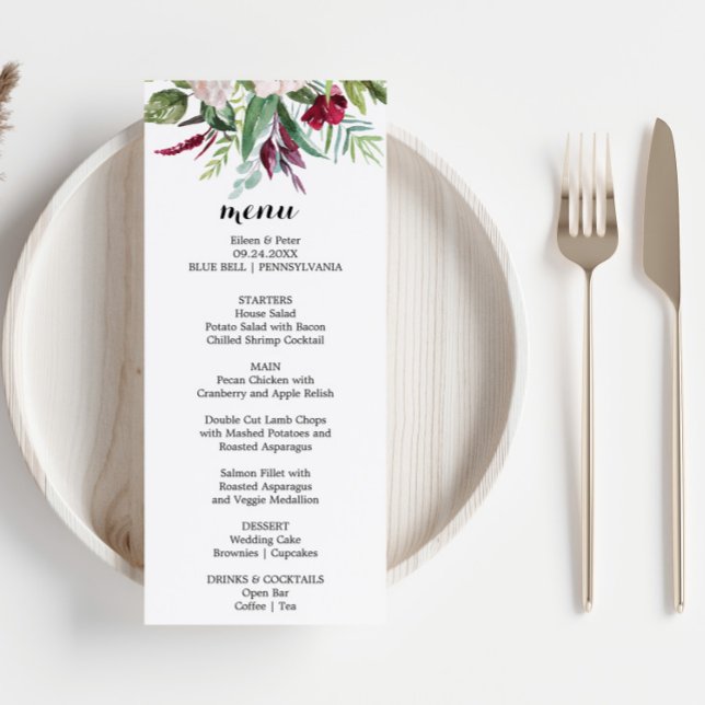 Charming Tropical Floral Greenery Dinner Menu Card (Creator Uploaded)