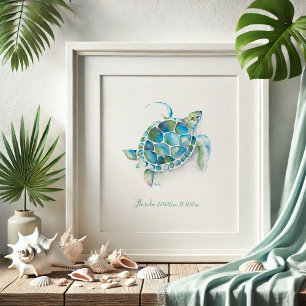 Charming Turquoise Blue Watercolor Sea Turtle Poster