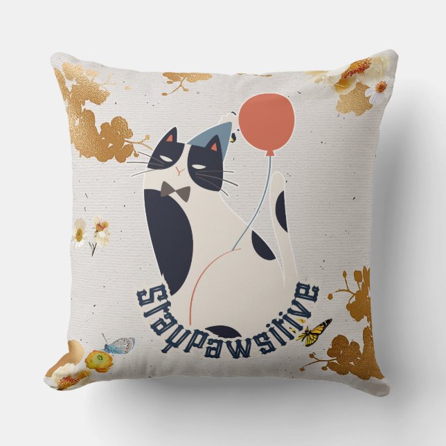 Charming Tuxedo Cat Stay Pawsitive Elegant Throw P Cushion (Front)