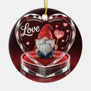 Charming Valentine Gnome in Crystal Heart Display Ceramic Ornament