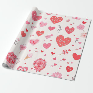 Charming Valentine's Design with Hearts and Flower Wrapping Paper