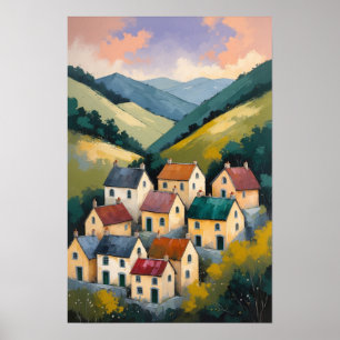Charming Village Houses in Rolling Hills Landscape Poster