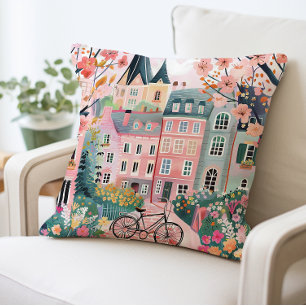 Charming Village Scene Pillow, Colourful Houses Cushion