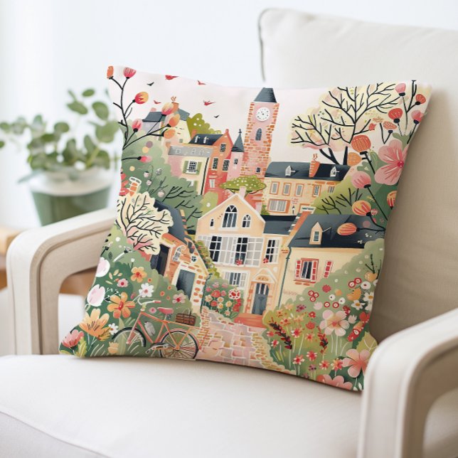 Charming Village Scene Pillow, Whimsical Pastel  Cushion (Creator Uploaded)