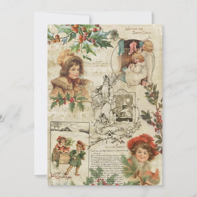 Charming Vintage Christmas Ephemera Collage Holiday Card (Front)