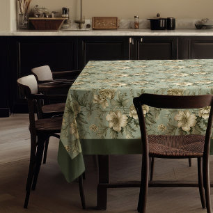 Charming vintage dusty green and gold flowers tablecloth