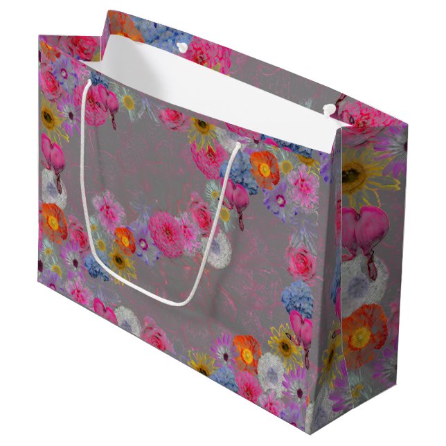 Charming vintage flowers on gray large gift bag (Front Angled)