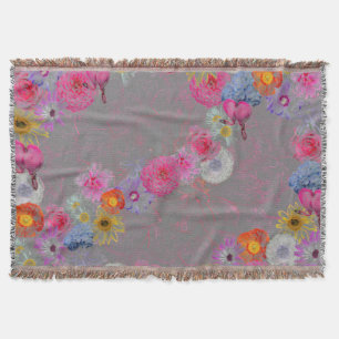 Charming vintage flowers on grey throw blanket