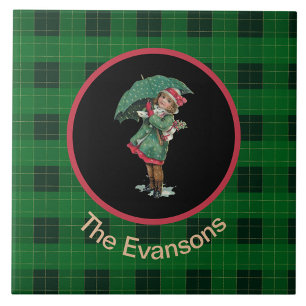 Charming Vintage Girl with Umbrella on Green Ceramic Tile