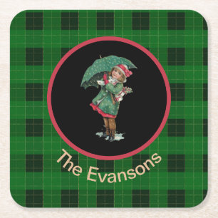 Charming Vintage Girl with Umbrella on Green Square Paper Coaster