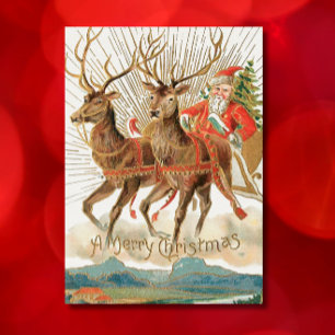 Charming Vintage Santa + Reindeer Merry Christmas Holiday Card
