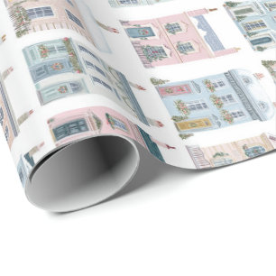 Charming Watercolor Christmas Houses Giftwrap Wrapping Paper