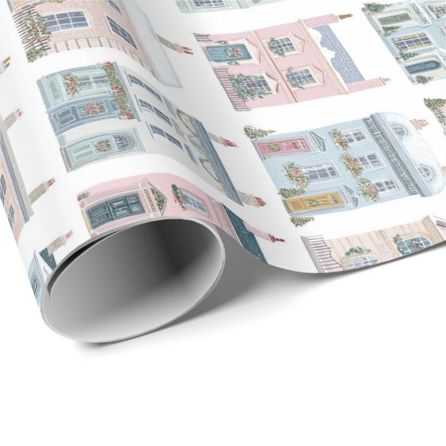 Charming Watercolor Christmas Houses Giftwrap Wrapping Paper (Roll Corner)