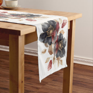 Charming watercolor gold black burgundy flowers short table runner