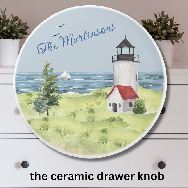 Charming Watercolor Lighthouse Coastal Scene Name Ceramic Knob (Creator Uploaded)