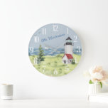 Charming Watercolor Lighthouse Coastal Scene Name  Large Clock<br><div class="desc">A lovely scene -- the Charming Coastal White and Red Lighthouse -- the little sailboat off in the distance -- personalised with the family name,  as you wish.  Any design questions just send a chat or an email to charmdesignstudio@rcn.com and we’ll be delighted to assist.</div>