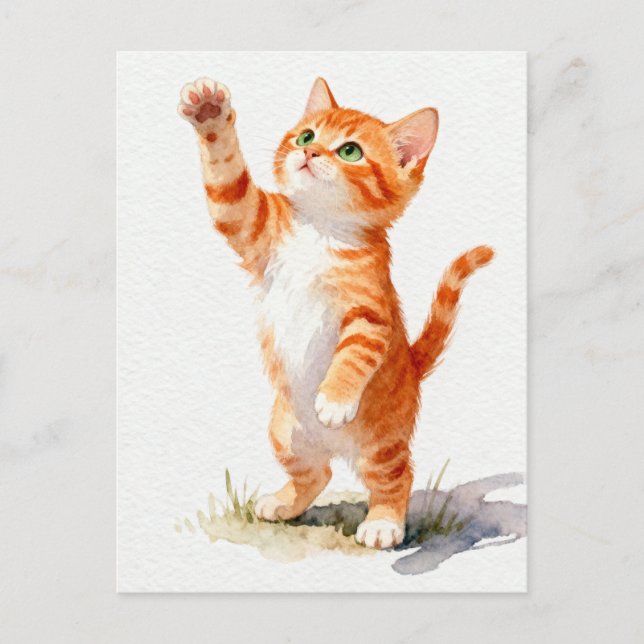 Charming Watercolor Orange Tabby Kitten Reaching Postcard (Front)