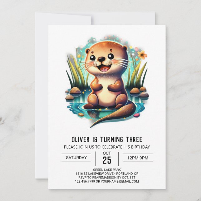 Charming Watercolor Otter Birthday Invitation (Front)