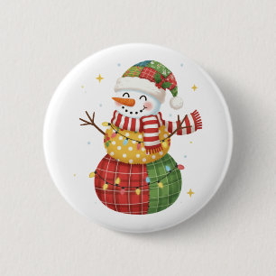 Charming Watercolor Patchwork Snowman Christmas 6 Cm Round Badge
