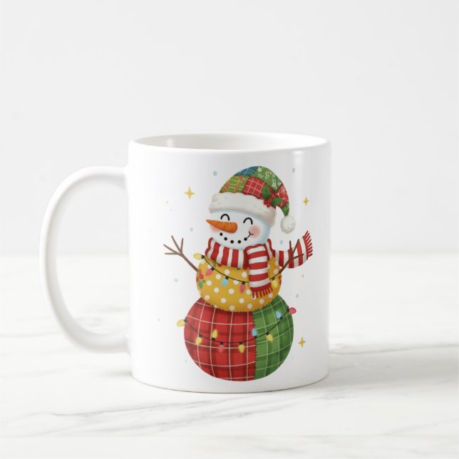 Charming Watercolor Patchwork Snowman Christmas Coffee Mug (Left)