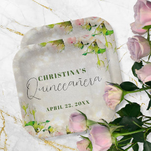 Charming Watercolor Pink Roses Quinceañera Paper Plate
