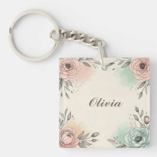 Charming Watercolor Sketchy Flowers Key Ring
