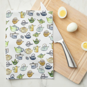 Charming Watercolor Teapots Tea Pattern Unique  Tea Towel