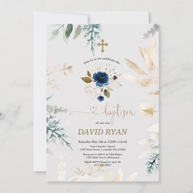 Charming Watercolour Blue Floral Gold Baptism Invitation (Front)