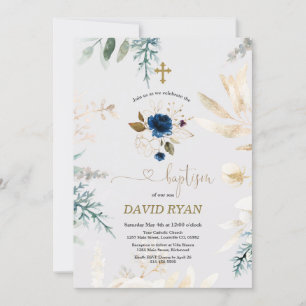 Charming Watercolour Blue Floral Gold Baptism Invitation