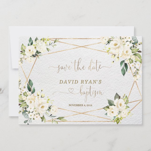 Charming Watercolour Blue Floral Gold Baptism Save The Date (Front)