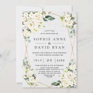 Charming Watercolour White Floral Gold Wedding Invitation