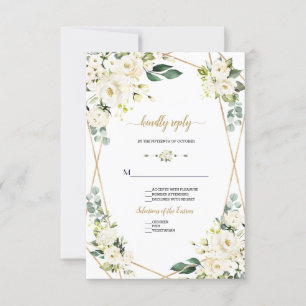Charming Watercolour White Floral Gold Wedding RSVP Card