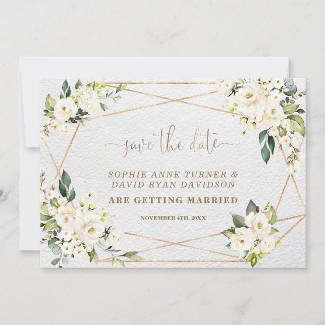 Charming Watercolour White Floral Gold Wedding Save The Date (Front)