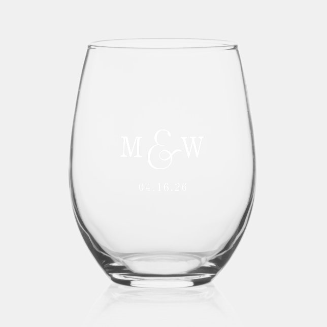 Charming Wedding Monogram and Date Stemless Wine Glass (Front)