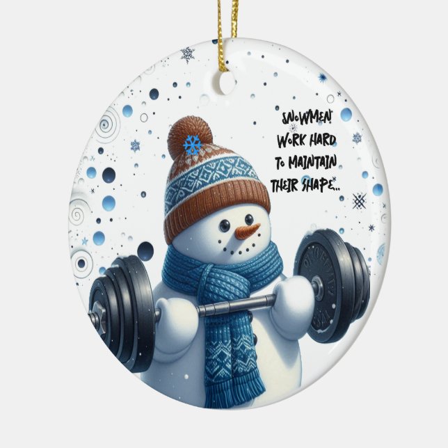Charming Weight Lifting Snowman Ceramic Ornament (Left)