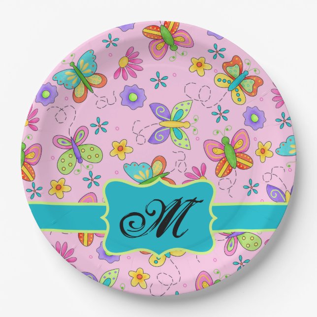 Charming Whimsy Butterflies Pink Monogram Paper Plate (Front)