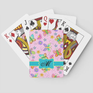 Charming Whimsy Butterflies Pink Monogram Playing Cards