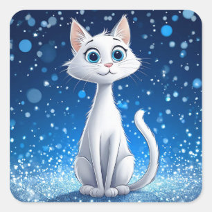 Charming White Cat with Large Blue Eyes Square Sticker