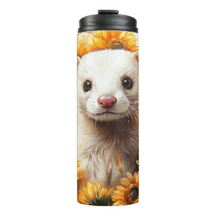 Charming White Ferret With Sunflowers Thermal Tumbler