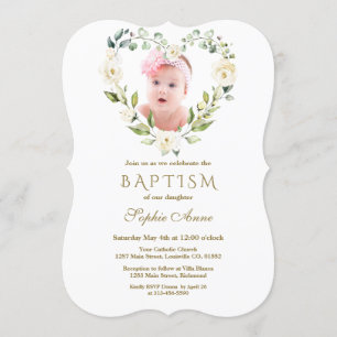 Charming White Flowers Floral Girl Photo Baptism Invitation