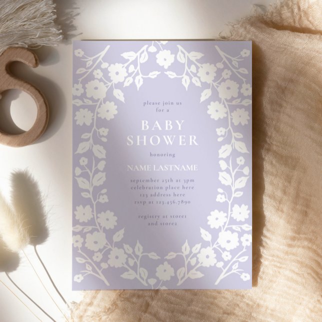 Charming White Flowers Pastel Purple Baby Shower Invitation (Creator Uploaded)