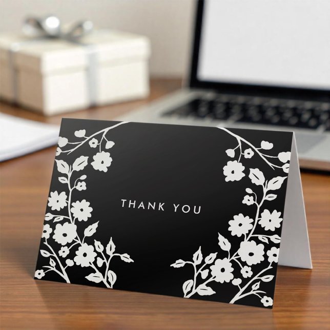 Charming White Folk Flowers Black Thank You Custom Card (Creator Uploaded)