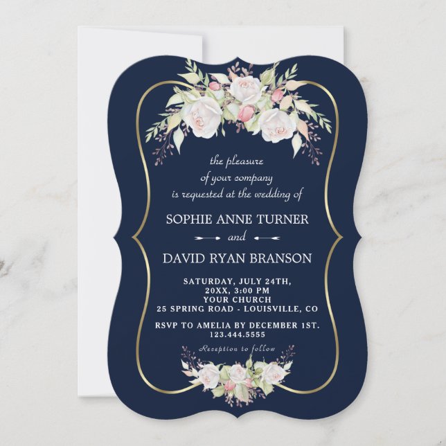 Charming White Pink Roses Navy Blue Gold Wedding Invitation (Front)