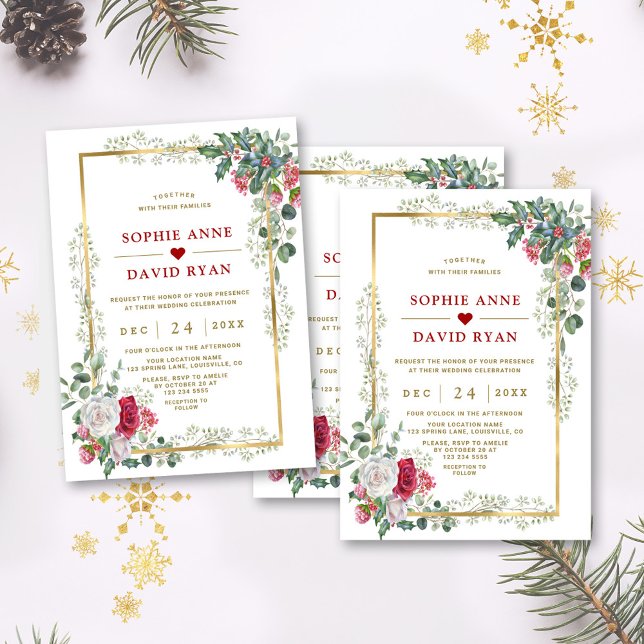 Charming White Red Floral Gold Christmas Wedding  Invitation (winter red white flowers wedding invite, christmas arrangement wedding invitation)